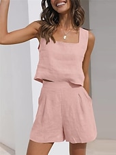 billige Loungewear for damer-Dame lounge Sett Ren farge Mote Grunnleggende Gate Daglig Bomull og lin Pustende Firkantet hals Ermeløs Stropp Topp Shorts Lomme Sommer Vår Svart Rosa