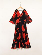 economico Abiti floreali-Per donna Abito Stampato Abito maxi Nero Manica 3/4 Foglia Stampa Fiori / Piante Stampa Primavera &amp; Estate Scollo a V Spiaggia S M L