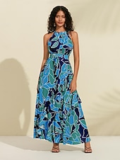 economico Abiti floreali-Per donna Vestito in Chiffon Abito maxi Blu Viola Senza Maniche Floreale Volant Stampa Primavera &amp; Estate Il giro Abito a Fantasia XS S M
