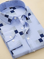 preiswerte Bügelfreie Herrenhemden-Herren Kleidhemd Kariert / Gestreift / Zickzack / Rund Hochzeit Wochenende Weiß Marineblau Blau Leicht Blau Langarm Quadrathals Frühling &amp; Herbst Bekleidung