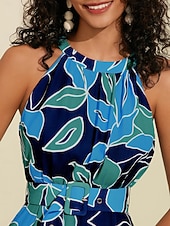 economico Abiti floreali-Per donna Vestito in Chiffon Abito maxi Blu Viola Senza Maniche Floreale Volant Stampa Primavera &amp; Estate Il giro Abito a Fantasia XS S M