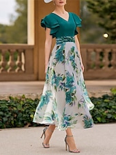 preiswerte Bodenlänge-A-Linie Meerjungfrau Kleid der Brautmutter Strandhochzeit Party V-Ausschnitt Bodenlänge Knöchellänge Chiffon Halbe Ärmeln mit Sash  Band Rüschenden Hochzeitsgäste Kleid