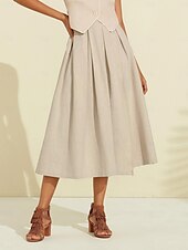 cheap Women&#039;s Skirt-Women&#039;s Linen Blend Khaki Box Pleated Midi Skirt