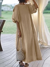 olcso design pamut és len ruhák-Női Fekete Világos bíbor khakizöld Nyár Tavasz Ősz Maxiruha Pamut vászon ruhák Fekete ruha Vintage ruha Elegáns Csehország Divat Puffos Vakáció Iroda Hétköznapi Laza öltözet Terített nyak