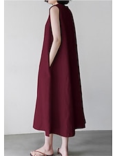 cheap Design Cotton &amp; Linen Dresses-Women&#039;s White Wine Navy Blue Summer Spring Midi Dress White Dress Cotton Linen Dresses Sundress Casual Vacation Daily Loose Fit Plain Crew Neck