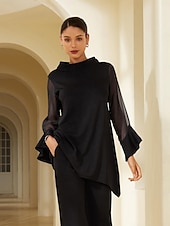 preiswerte Blusen-Damenbluse für Hochzeitsgäste, Partys, schwarz, hoher Halsausschnitt, Chiffon, Modal, Patchwork, ausgestellte Manschetten, schmale Passform, elastisch, elegant, lässig, Bürokleidung