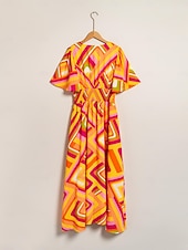 Damskie Sukienki szyfonowe Sukienka maxi Pomarańczowy Krótki rękaw Geometryczny Drukowanie Wiosna i lato W serek Sukienka wzór S M L tanie Sukienki kwiatowe-Damskie Sukienki szyfonowe Sukienka maxi Pomarańczowy Krótki rękaw Geometryczny Drukowanie Wiosna i lato W serek Sukienka wzór S M L