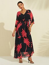 economico Abiti floreali-Per donna Abito Stampato Abito maxi Nero Manica 3/4 Foglia Stampa Fiori / Piante Stampa Primavera &amp; Estate Scollo a V Spiaggia S M L