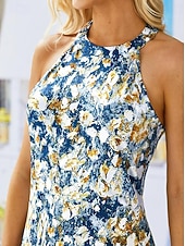 cheap Art&amp;Design Dress-Women's Mini Dress Casual Dress Petite Dress Sundress Summer Dress Vintage Ethnic Vacation Cocktail Party Beach Loose Fit Floral Sleeveless Halter Neck Blue Summer