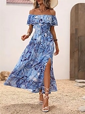 preiswerte Kleider für die Ferien-Damen Freizeitkleid Blumenblatt-Split-Print schulterfrei langes Kleid Maxikleid lässig Boho Date Urlaub 3/4 Ärmel Sommer