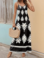 preiswerte Boho Kleider-Frauen Maxi Kleid Sommerkleid Blumen Kleid Sommerkleid Bohemia Stylisch Fließend Urlaub Lässig Date Lockere Passform Ölmalerei Ärmellos V-Ausschnitt Schwarz Blau Orange Grün Sommer Frühling