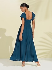 abordables Robes décontractées-Robe longue d&#039;invité de mariage en mousseline de soie pour femmes, élégante, bleue, plissée, col en v, manches courtes, ligne a, robe de soirée formelle