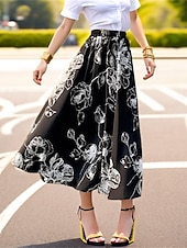abordables Faldas de gasa-Mujer Columpio Falda larga Midi Faldas Gasa Estampado Flores Diario Festivos Primavera verano Gasa Elegante Moda Negro Blanco