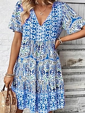 billige Boho-kjoler-Dame Mini kjole Uformell kjole Boho elegante kjoler Sommerkjole Boho-kjole Fritid Bohem Feriereise Daglig Strand Løstsittende Blomstret Kortermet V-hals Rød Blå Fuksia Sommer