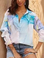 رخيصةأون بلوزات مزهرة-نسائي قميص بلوزة Buttons طباعة الرسم مجرد أنيق موضة يوميا كم طويل قبعة القميص قمصان عادية فضفاض أزرق خريف &amp; شتاء