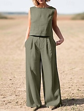 preiswerte Hemden-Tanktop Baumwoll-Leinen-Hemden Set Damen Armeegrün Marineblau Khaki Einfach 2 teilig Weites Bein Straße Täglich Mode Rundhals Normale Passform M