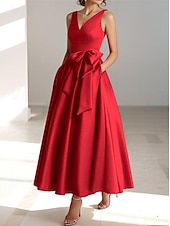 economico Abiti da cocktail-Abiti da cocktail A-Line per matrimoni in spiaggia abito elegante per ospiti di matrimoni Kentucky Derby lunghezza tè senza maniche scollatura a V con tasca in raso con fiocco(i) abiti Derby 2025