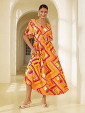 Damskie Sukienki szyfonowe Sukienka maxi Pomarańczowy Krótki rękaw Geometryczny Drukowanie Wiosna i lato W serek Sukienka wzór S M L tanie Sukienki kwiatowe-Damskie Sukienki szyfonowe Sukienka maxi Pomarańczowy Krótki rękaw Geometryczny Drukowanie Wiosna i lato W serek Sukienka wzór S M L