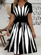 cheap Stripe&amp;Geometric Dress-Women&#039;s Mini Dress Casual Dress Petite Dress Sundress A Line Dress Vintage Stylish Casual Vacation Home Party Loose Fit Geometric Stripe Short Sleeve Sweetheart Black And White Summer