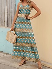preiswerte Boho Kleider-Frauen Maxi Kleid Sommerkleid Blumen Kleid Sommerkleid Bohemia Stylisch Fließend Urlaub Lässig Date Lockere Passform Ölmalerei Ärmellos V-Ausschnitt Schwarz Blau Orange Grün Sommer Frühling