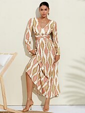 economico Abiti floreali-Per donna Orlo maxi Raso Maxi Vestito maxi SALMONE Bianco Manica lunga Modello di piante Fiore / Piante Pulsante pianta Primavera A V Abito volante S M L