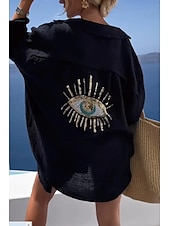 cheap Shirts-Women&#039;s Shirt Linen-Inspired Shirts Button Up Blouse Graphic Casual Beach Long Sleeve Shirt Collar Long Tops Vacation Going out Buttons Print Black White Yellow Pink Orange Spring &amp;  Fall