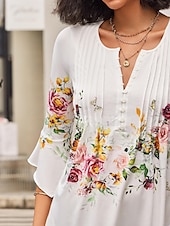 cheap Floral tee-Women&#039;s T Shirt Basic Floral Buttons Print 3/4 Length Sleeve Regular Tops Round Neck Casual Holiday White