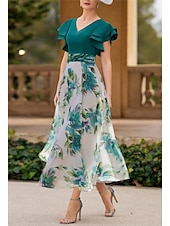 preiswerte Bodenlänge-A-Linie Meerjungfrau Kleid der Brautmutter Strandhochzeit Party V-Ausschnitt Bodenlänge Knöchellänge Chiffon Halbe Ärmeln mit Sash  Band Rüschenden Hochzeitsgäste Kleid