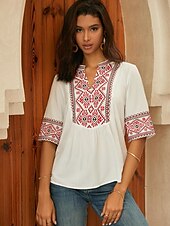 billige Kvinnenes ferietopper-Dame Bluse Blomstret Geometrisk Bohem Halvlange ermer Crew-hals Daglig Broderi Svart Hvit Sommer Vår Høst