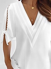 preiswerte Basic-Damenoberteile-Hemd Bluse Damen Weiß Glatt Perlenbesetzt Ausgeschnitten Strasse Täglich Modisch V Ausschnitt Regular Fit S
