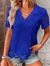 preiswerte Spitzenoberteile-Damen Spitzenbluse V-Ausschnitt Blumen Kurzarm weiß elegant romantisch halbtransparent atmungsaktiv Top Frühling Sommer lässig Event Mode Kleidung