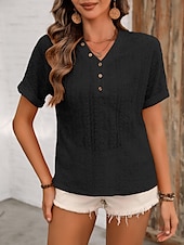 abordables T-shirt uni-Blouses Éléguantes en Dentelle Blanche pour Femmes Top en Dentelle à Oeillets Mode Basique Regular Tops Manches Courtes Col en V Dentelle Ajustement Normal Vacances Quotidien Romantique Petits Tops