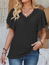 cheap Lace Tops-Women's Pointelle Shirt Eyelet Top Lace Shirt Lace Short Sleeve Flutter Sleeve Crew Neck Casual Daily Beach Blue Black White Pink Summer