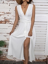 ieftine Rochii Albe Casual-rochie maxi pentru femei, albă, cu decolteu în V, fără mâneci, talie strânsă, în formă de linie, seară formală, nuntă, bal de absolvire, primăvară vară, mărime întreagă, îmbrăcăminte potrivită,