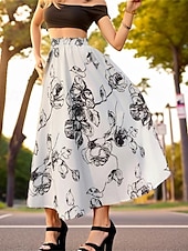 abordables Faldas de gasa-Mujer Columpio Falda larga Midi Faldas Gasa Estampado Flores Diario Festivos Primavera verano Gasa Elegante Moda Negro Blanco