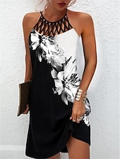 olcso Sundresses-Női Mini ruha hétköznapi ruha nyári ruha Slip ruha Hawaii Alkalmi Vakáció Napi Tengerpart Normál Virágos Toll Ujjatlan Pántos Fekete Nyár
