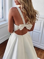 economico abiti da sposa casual-Abiti da sposa semplici e casual a linea A scollo a V senza maniche lunghezza corta abiti da sposa in satin con tasca