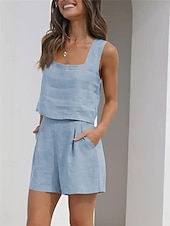 billige Loungewear for damer-Dame lounge Sett Ren farge Mote Grunnleggende Gate Daglig Bomull og lin Pustende Firkantet hals Ermeløs Stropp Topp Shorts Lomme Sommer Vår Svart Rosa