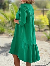 abordables concevoir des robes en coton et lin-Femmes Noir Bleu Orange Été Printemps Robe Midi Robes inspirées du lin Robe en coton et lin Robe trapèze Occasionnel Vacances Coupe Ample Uni Col fendu