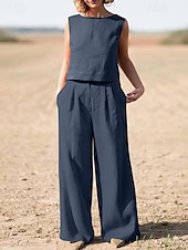 preiswerte Hemden-Tanktop Baumwoll-Leinen-Hemden Set Damen Armeegrün Marineblau Khaki Einfach 2 teilig Weites Bein Straße Täglich Mode Rundhals Normale Passform M