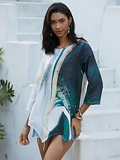 billige Kvinnenes Kunst &amp; Design Topper-Kvinners Bluse Langermet Asymmetrisk Hem Chiffon Grunnleggende Blomstertrykk Vanlige Topper Rund hals Uformell Daglig Grønn Vår Høst