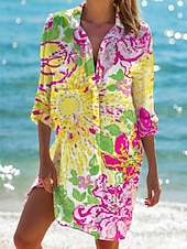 voordelige Blousejurken-dames strand cover-up lange mouw v-hals marine print knoopsluiting roltab mouw wit blauw one size resortkleding zomer zeeleven patroon kleding kleding