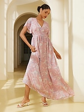 cheap Print Casual Dress-Chiffon Wedding Guest Floral V Neck Corset Maxi Dress