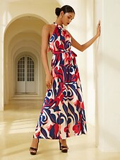 cheap Jumpsuits-Satin Loose Floral Wide-leg Belted Jumpsuit
