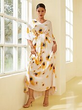 abordables robe décontractée imprimée-robe longue ample en satin à imprimé fleuri