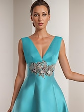 abordables Robes de bal de promo-Robes de Prom A-Line Robe Élégante Formelle Prom Longueur de Sol Sans Manches V Col Poche Satin avec Appliqués