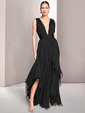 economico Abiti per feste da ballo-Abiti da prom A-Line per matrimoni in spiaggia Abito Elegante Formale Estivo Asimmetrico Senza Maniche V Collo Chiffon con Ruches