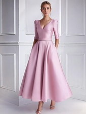 levne Koktejlové šaty-A-line svatební host šaty koktejlové šaty plážová svatba elegantní šaty formální svatební host čajová délka polotričko V výstřih satén s kapsou šaty