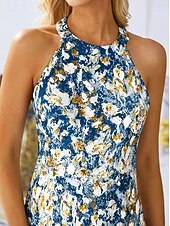cheap Art&amp;Design Dress-Women's Mini Dress Casual Dress Petite Dress Sundress Summer Dress Vintage Ethnic Vacation Cocktail Party Beach Loose Fit Floral Sleeveless Halter Neck Blue Summer