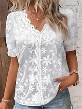 voordelige Kant Tops-Kanten overhemd Blouse Wit kanten overhemd Dames Wit Effen / effen kleur Kant Dagelijks Elegant V-hals S